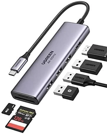 UGREEN 5-in-1 USB-C adapteris sujungtas su įrenginiais