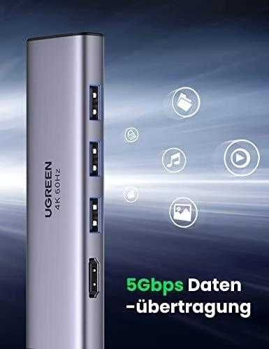 UGREEN CM511 5-in-1 adapteris šakotuvas USB-C – 3x USB3.0 HDMI TF/SD