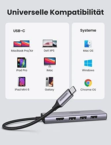 UGREEN CM511 5-in-1 adapteris šakotuvas USB-C – 3x USB3.0 HDMI TF/SD