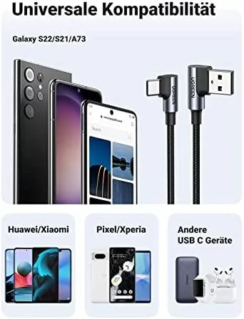 USB-C į USB-A 2.0 kampinis laidas UGREEN US176, 3A, 3m - Juodas