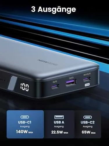 Nešiojamas įkroviklis UGREEN Powerbank 145W nešiojamajam kompiuteriui - 3 jungtys / 25000mAh