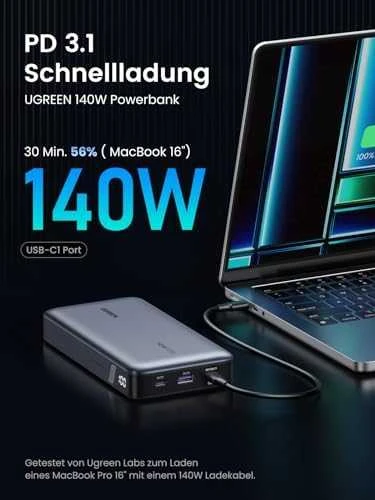 Nešiojamas įkroviklis UGREEN Powerbank 145W nešiojamajam kompiuteriui - 3 jungtys / 25000mAh