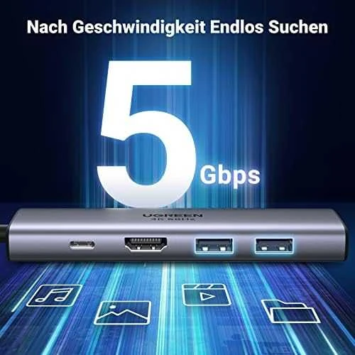 Ugreen daugiafunkcinis C tipo USB šakotuvas - 2x USB 3.2 Gen 1 / HDMI 4K 60Hz / SD ir TF kortelių skaitytuvas / C tipo USB PD 100W pilkos spalvos (60384 CM511)