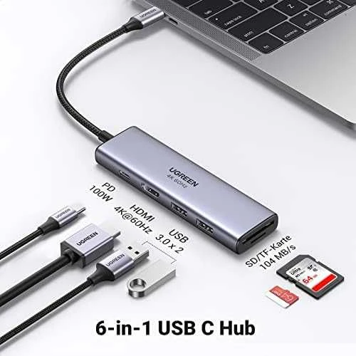 Ugreen daugiafunkcinis C tipo USB šakotuvas - 2x USB 3.2 Gen 1 / HDMI 4K 60Hz / SD ir TF kortelių skaitytuvas / C tipo USB PD 100W pilkos spalvos (60384 CM511)