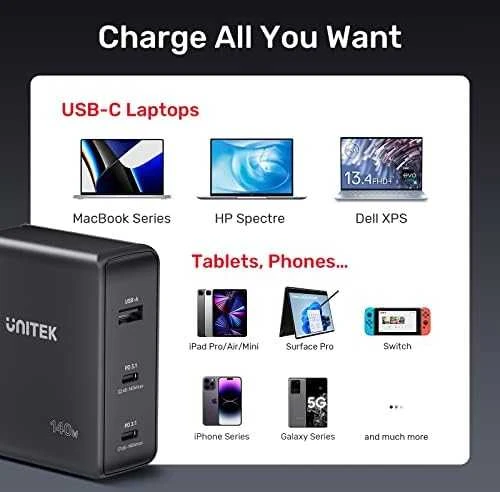 UNITEK CHARGER P1115A GaN 2x USB-C 1x USB-A PD 140W Juodas