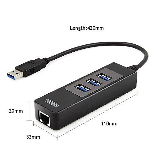 Unitek Deltaco Tinklo adapteris , 10/100 / 1000Mbps , 1xRJ45, 1xUSB3.0, 3x USB3.0, juodas USB3-GIGA3