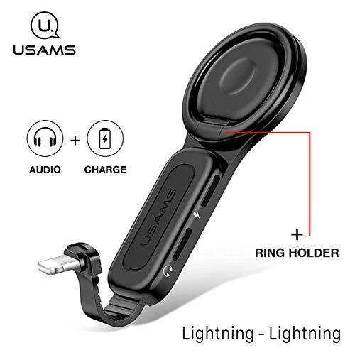 USAMS ADAPTER AU06 2IN1 2X LIGTNING + RING HOLDER Juodas