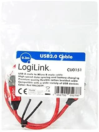 LOGILINK CU0151 – USB-A 2.0 laidas su mikro-USB kištuku, raudonas 0,3 m