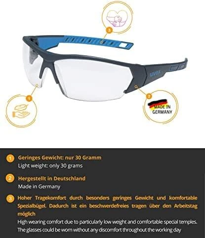 Apsauginiai akiniai Uvex i-Works skaidria linze, supravision excellence (nesibraižantys ir nerasojantys) padengimas, juodos/mėlynos kojelės