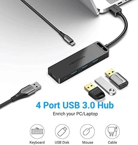 Vention USB2.0 to USB2.0 x 4 Hub su maitinimo šaltiniu Juodas 0,15m