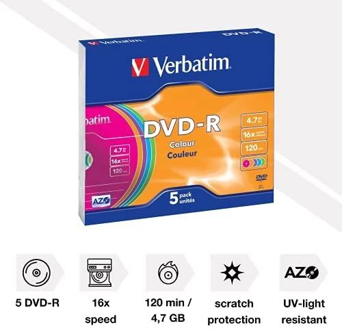 VERBATIM DVD-R 120 min. / 4,7 GB 16x 5 pakuočių plonas juvelyrinis dėklas DataLife Plus, spalvotas paviršius