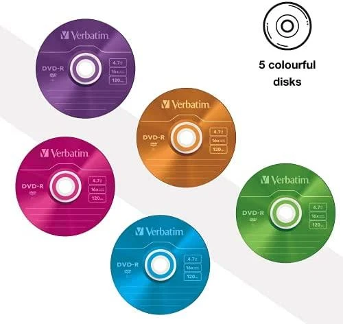 VERBATIM DVD-R 120 min. / 4,7 GB 16x 5 pakuočių plonas juvelyrinis dėklas DataLife Plus, spalvotas paviršius