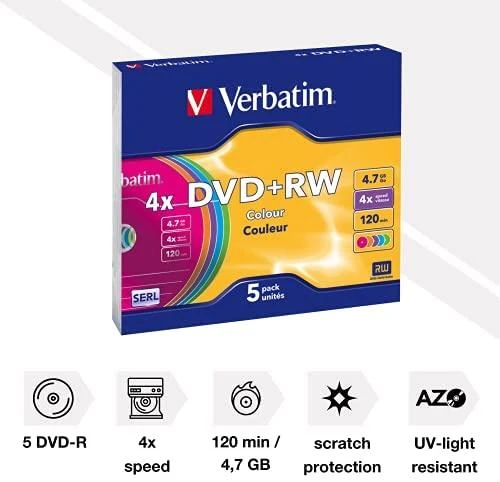 1x5 Verbatim DVD+RW 4,7GB 4x Speed Color Surface Slimcase