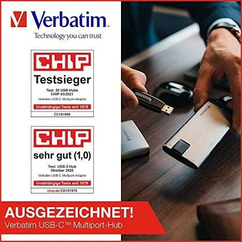 Verbatim 49142 sąsajos šakotuvas USB 3.2 Gen 1 (3.1 Gen 1) Type-C 1000 Mbit/ai Juoda, Sidabras
