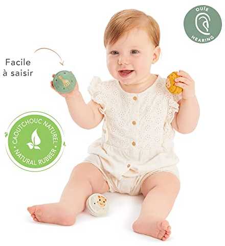 VULLI Sophie la girafe klausos pojūtį lavinantis žaislinių kamuoliukų rinkinys, HEARING, žalias, baltas, geltonas, 3mėn.+, 3 vnt., 010504