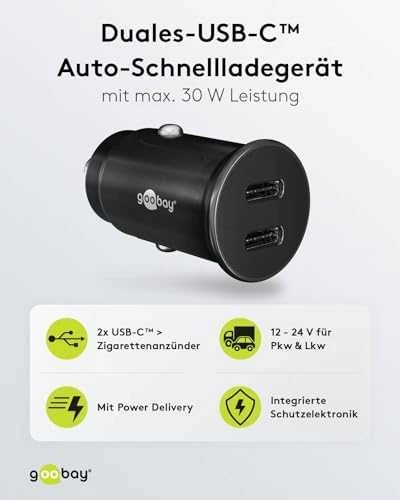 Įkroviklis automobilis 2x USB-C PD 3A 30W Goobay