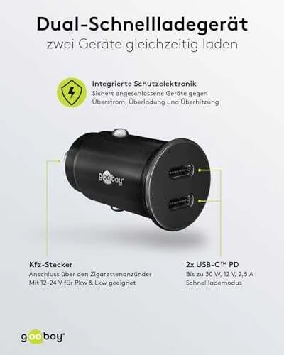 Įkroviklis automobilis 2x USB-C PD 3A 30W Goobay