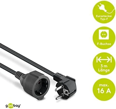 Goobay maitinimo laido ilgintuvas 3,0 m juodas - 93093