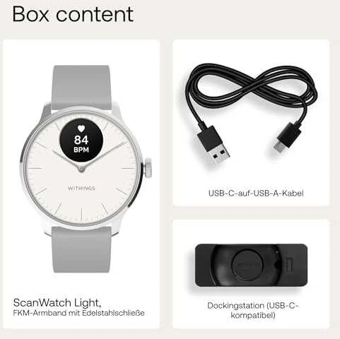 Išmanusis laikrodis Withings Scanwatch Light, 37 mm, Sidabro spalvos korpusas su pilkos spalvos dirželiu
