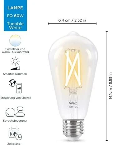 WiZ išmanioji lempa, E27, skaidrus stiklas, derinami balti - balti šviesos atspalviai, Wi-Fi, 2700-6500 K, 806 lm