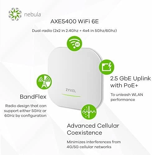 Maršrutizatorius ZYXEL NWA220-6E AX5400 2X2+4X4 MU-MIMO, DUAL Radijas 2.4 AND 5 OR 6 GHZ OPTION, 1X1G & 1X1/2.5 GB LAN PORT, POE+(802.3AT), STANDALONE/NEBULA CLOUD MANAGED