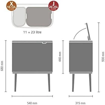 Šiukšlių dėžė Brabantia Bo Touch, 11+23 l, Platinos spalvos