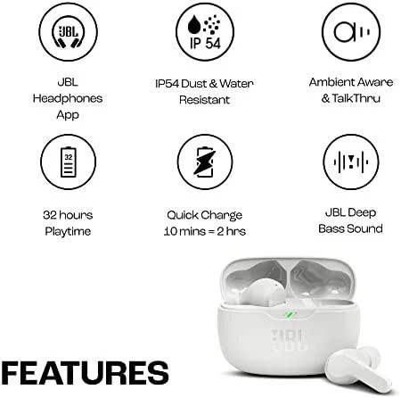 Belaidės Ausinės JBL Wave Beam, Baltos