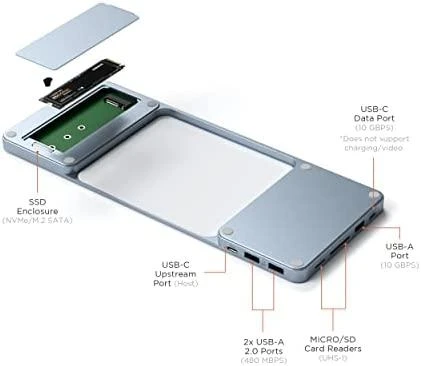 Satechi Slim Dock, skirtas iMac 24" USB-C (USB-C 10Gb, USBA-A 10Gb, 2x USB-A, mikro/SD kortelių skaitytuvas, NVMe SATA lizdas) (sidabrinė)