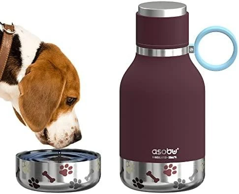 Asobu - Dog Bowl - nerūdijančio plieno butelis su šuns dubenėliu 1 litras bordo raudonos