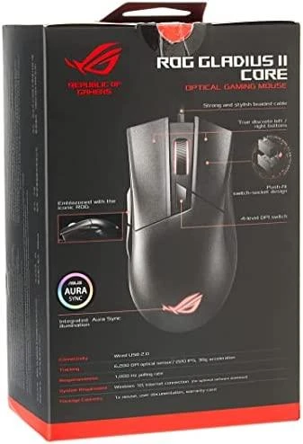 Optinė laidinė pelė Asus ROG Gladius II Core, 6 200-dpi/Omron switches with 50-million-click durability/lightweight - 92,5 g/Aura Sync