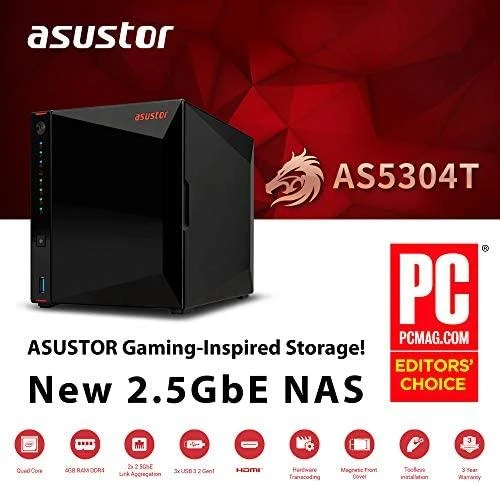 Serveris Asus Asustor Nimbustor 4 AS5304T iki 4 HDD/SSD, Intel Celeron J4105 Quad-Core, Procesoriaus dažnis 1,5 GHz, 4 GB, SO-DIMM DDR4 2400, Vienvietis, Juodas
