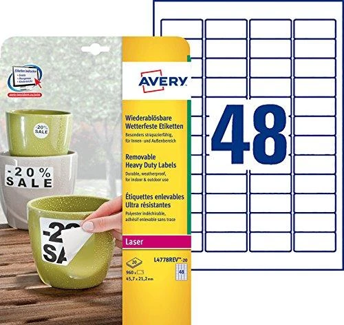 „Avery Heavy Duty“ nuimamos vandeniui atsparios etiketės 45,7 x 21,2 mm Balta spausdintuvui 960 vnt