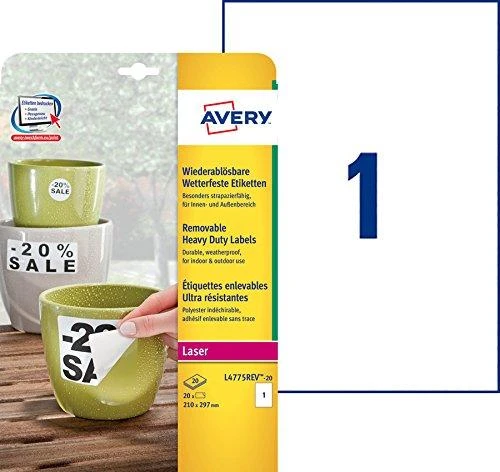 Lipnios etiketės Avery Zweckform, A4, atsparios drėgmei, 210x297mm, 1 etiketė lape, 20 lapų, nuklijuojamos, baltos spalvos