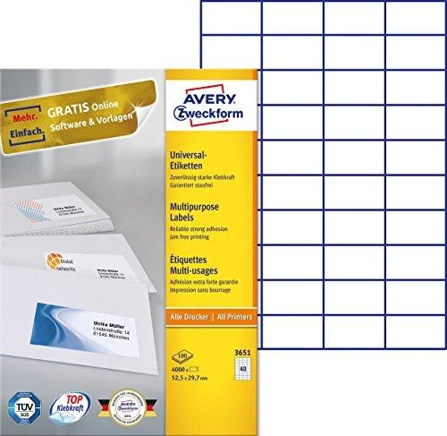 Lipnios etiketės Avery Zweckform, A4, 52.5×29.7mm, 40 etikečių lape, be rėmelio, 100 lapų, baltos spalvos