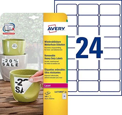 Lipnios etiketės Avery Zweckform, A4, atsparios drėgmei, 63.5×33.9mm, 24 etiketės lape, 20 lapų, matinės, nuklijuojamos, baltos spalvos