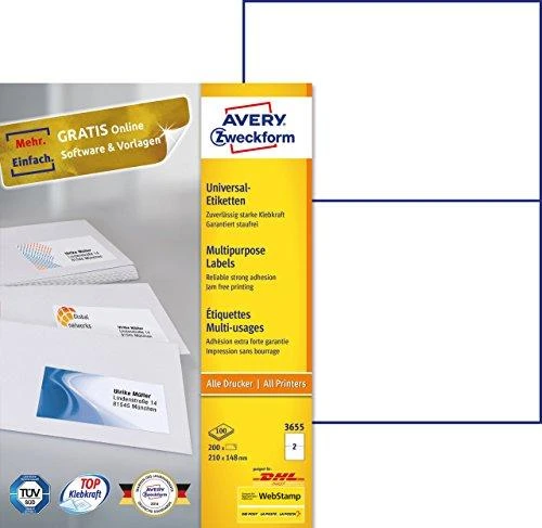Lipnios etiketės Avery Zweckform, A4, 210×148, 2 etiketės lape, 100 lapų, baltos spalvos