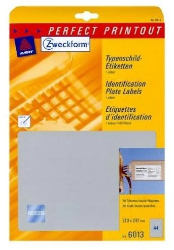 Lipnios etiketės Avery Zweckform, A4, atsparios drėgmei, 210x297mm, 1 etiketė lape, 20 lapų, sidabrinės spalvos