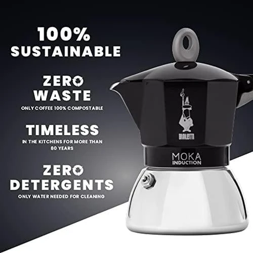 Bialetti Moka Induction juodas kavinukas su tvarumo aprašymu