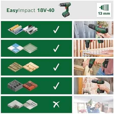 Bosch EasyImpact 18V-40 suderinamų medžiagų iliustracija