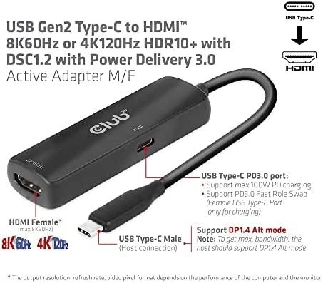 Club 3D Club3D USB-C adapteris su HDMI 8K60Hz/4K120Hz, aktyvus M/F adapteris, PD 3.0, HDR10+ ir DSC 1.2