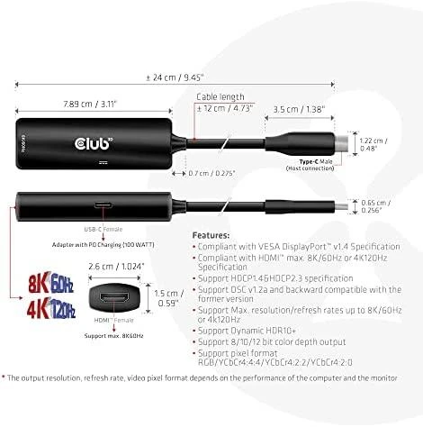 Club 3D Club3D USB-C adapteris su HDMI 8K60Hz/4K120Hz, aktyvus M/F adapteris, PD 3.0, HDR10+ ir DSC 1.2