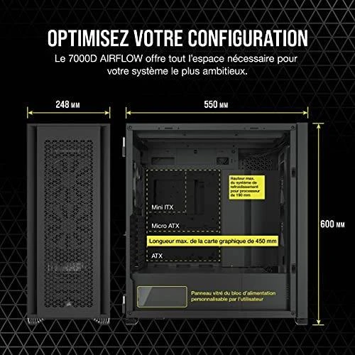 „Corsair“ | Grūdinto stiklo kompiuterio korpusas | 7000D AIRFLOW | Šoninis langas | Juodas | Pilno dydžio bokštas | ATX
