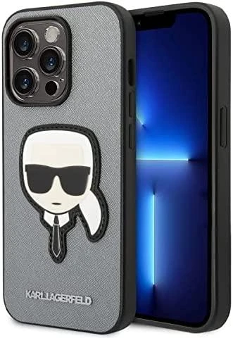 Karl Lagerfeld KLHCP14LSAPKHG Apple iPhone 14 Pro 6,1″ sidabrinis kietas dėklas Saffiano Karl`s Head Patch
