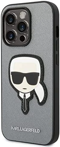 Karl Lagerfeld KLHCP14LSAPKHG Apple iPhone 14 Pro 6,1″ sidabrinis kietas dėklas Saffiano Karl`s Head Patch