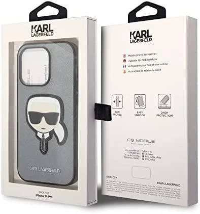 Karl Lagerfeld KLHCP14LSAPKHG Apple iPhone 14 Pro 6,1″ sidabrinis kietas dėklas Saffiano Karl`s Head Patch