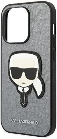 Karl Lagerfeld KLHCP14LSAPKHG Apple iPhone 14 Pro 6,1″ sidabrinis kietas dėklas Saffiano Karl`s Head Patch