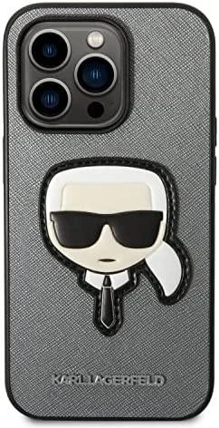 Karl Lagerfeld KLHCP14LSAPKHG Apple iPhone 14 Pro 6,1″ sidabrinis kietas dėklas Saffiano Karl`s Head Patch