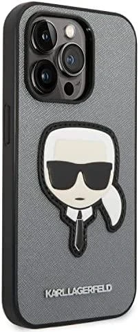 Karl Lagerfeld KLHCP14LSAPKHG Apple iPhone 14 Pro 6,1″ sidabrinis kietas dėklas Saffiano Karl`s Head Patch