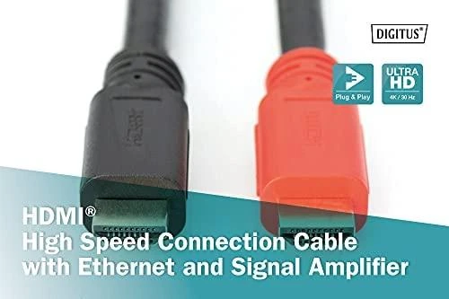 Digitus HDMI kabelis su signalo stiprintuvu, juoda ir raudona jungtis