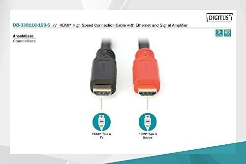 Digitus | Didelės spartos HDMI kabelis su signalo stiprintuvu | DB-330118-100-S | HDMI kištukas (A tipo) | HDMI kištukas (A tipo) | HDMI–HDMI | 10 m